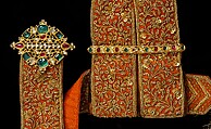 Jeweled Buckle and Slide on Silk Sash, Buckle  and slide: gold set with emeralds, rubies, diamonds; sash: silk embroidered with gold thread